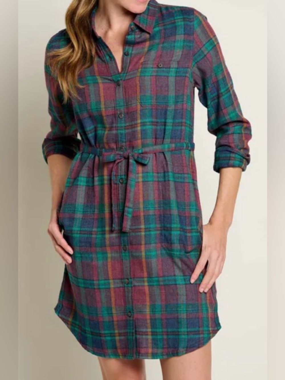 Toad&Co Re-Form Flannel Shirtdress Sz Medium Plaid Belted Button Front Cozycore